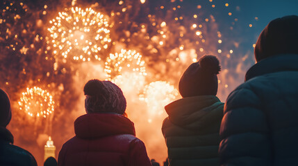 Family watching flares in the night sky.