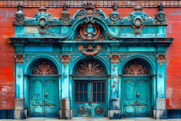 Architectural details of an urban theater entrance.