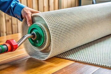 Forced perspective photo of hot wedge blower patching plastic canvas with roller compress