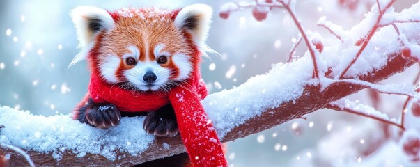 An adorable red panda with a red scarf tied around its neck, sitting on a snow-covered tree branch in a snowy wonderland.