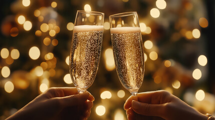 A close-up of two champagne glasses clinking together in a toast