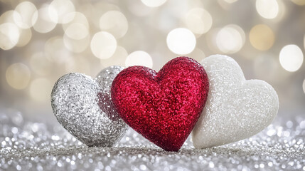 Close-up of red and white hearts shining on a glittery background, with bokeh lights creating a romantic atmosphere