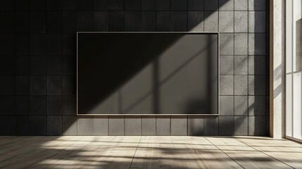 A mockup of an empty black frame on the wall in front of a large flat-screen TV, with light wood flooring and dark tiled walls
