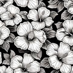 Sticker - Black and white floral pattern with hibiscus flowers