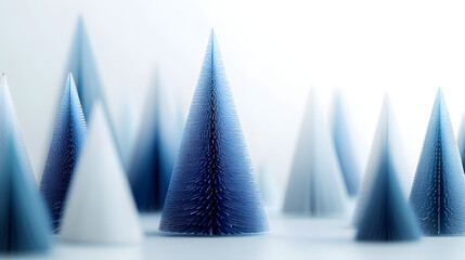 Wall Mural - Abstract minimalist Christmas trees in various shades of blue and white, set against a light background for a serene holiday display.