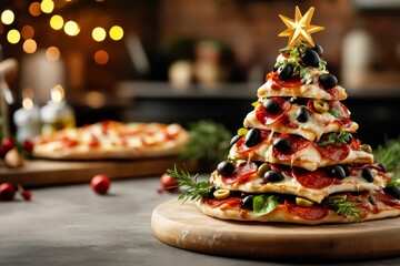 Festive Pizza Tree: Unique Holiday Celebration with Deliciously Stacked Slices, Cheesy Toppings, and Seasonal Decor in Kitchen Ambiance, New year banner with copy space