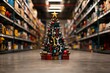 © Jullia - Creative Holiday Tool Tree in Warehouse Aisle – Festive and Industrial Stock Photo for Seasonal Promotions, New year banner with copy space