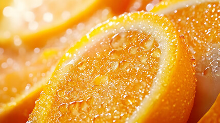 Close-up of a Juicy Orange Slice with Water Droplets, Capturing the Freshness and Texture of the Citrus Fruit