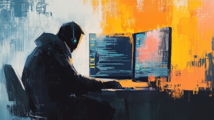 A silhouette of a programmer sits focused in front of a dual-screen setup in a vibrant and abstract digital environment. The bright colors suggest innovation, creativity, and the digital age.. AI