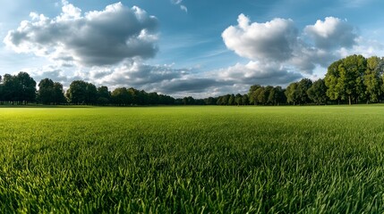 A vast green field under a blue sky adorned with fluffy clouds, surrounded by trees, creating a serene and picturesque landscape.