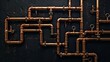 © VK Studio - A network of copper pipes arranged intricately against a dark, textured wall, showcasing industrial design and craftsmanship.