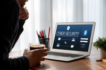 Cyber security system on computer screen protect private information snugly from hacker and cyber attack