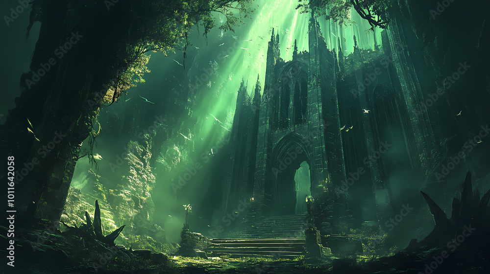 Enigmatic elven realm lush mystical forest with ancient ruins and ...
