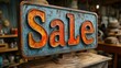 © aicandy - A weathered metal sign with the word Sale in bold, rusted letters, is displayed prominently in a vintage shop filled with various antique items