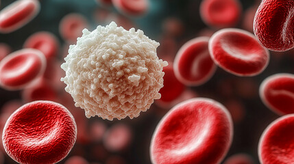 A white blood cell with a granular surface surrounded by many smooth red blood cells.