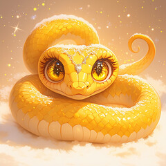 Poster - A cute yellow snake with blue eyes and a diamond on its head. The snake is surrounded by glitter, giving it a magical and whimsical appearance