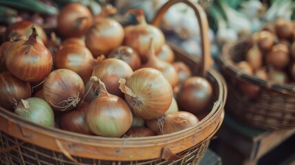 Poster - A basket brimming with fresh onions, evoking the essence of a bustling farmer's market with its rich colors and hearty, organic charm.