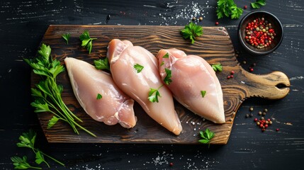 Wall Mural - Three fresh chicken breasts rest on a wooden cutting board, garnished with parsley and surrounded by seasoning on a dark kitchen surface.