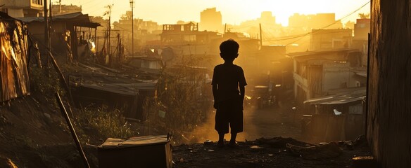 A child stands alone on a rocky path, silhouetted against the golden glow of a city skyline, embodying resilience and dreams amidst urban poverty