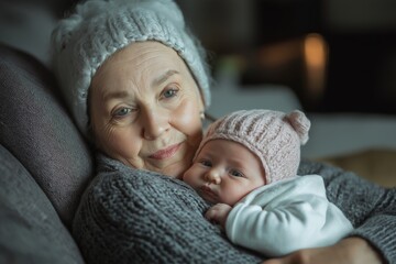 Wall Mural - A woman is holding a baby in her arms and wearing a gray sweater. The baby is wearing a pink hat