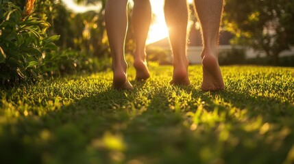 Pair walking barefoot on soft grass, embracing the fresh air and each other's company in a peaceful environment.