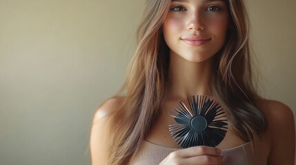 Canvas Print - Young woman holding a decorative fan, smiling softly.