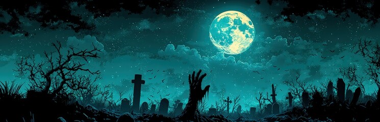 Halloween background with a zombie hand emerging from a cemetery and a full moon