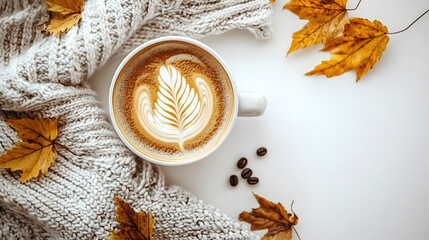 Canvas Print - Cozy autumn vibes with a warm latte art coffee, soft knit sweater, and scattered fall leaves on white background. Perfect for seasonal mood and comfort.