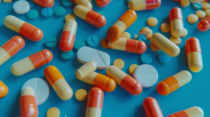 A variety of colorful pills scattered on a blue background create a vibrant and intricate pattern, emphasizing the complexity of medicine and health.