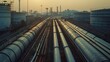 © VK Studio - Long rows of industrial pipelines stretch towards the horizon under a hazy yellow sky, portraying the vastness and complexity of industrial infrastructure.
