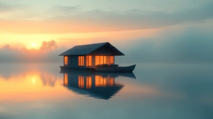 Serene floating house at sunrise on a calm lake.