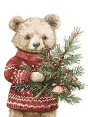 Poster - A teddy bear is holding a Christmas tree branch. The bear is wearing a red sweater and he is happy