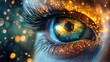 © AMNARTSET - A human eye with digital electronic lights enhancing its features. Copy space included.