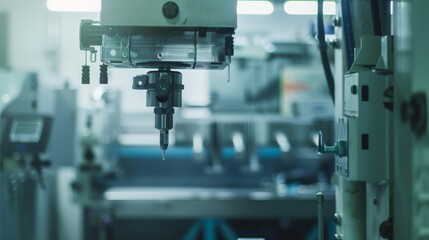 Close-up of an industrial machine in a factory, focusing on intricate machinery parts with a blurred workspace background.