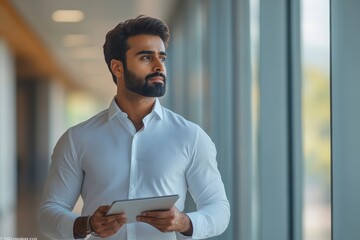 Confident Indian business man leader looking aside walking in office. Busy professional businessman going in hallway holding digital tablet thinking of work plan using tab computer. Generative AI