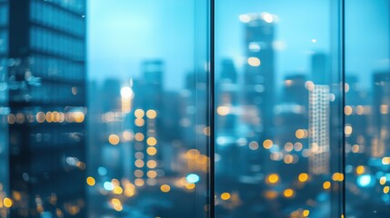 Night blurred bokeh light city office building viewed from an office window, city blur blue bokeh, abstract background, generative ai