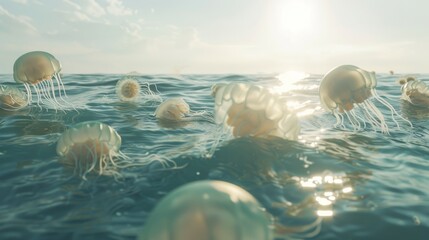 A golden glow on the horizon highlights jellyfish drifting elegantly in gentle ocean waves, creating a serene and tranquil seascape.