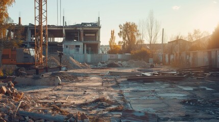 A desolate and partially demolished construction site with scattered debris and steel beams, bathed in the warm light of a setting sun.