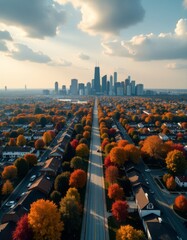 Aerial view ofChicago, il; aerial view of a residential area near midway international airport in chicago, in the fall season with fall color at peak. aerial view. Ultra realistic. Photorealistic