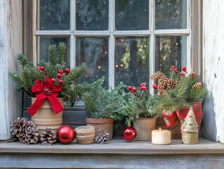 A window sill with a variety of potted plants and decorations, including a red ball and a candle