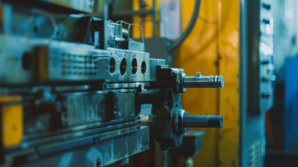 A close-up of intricate machinery parts with sharp, detailed features in a bright industrial setting.