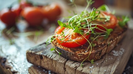 Wall Mural - Fresh tomatoes and vibrant greens top rustic bread on a wooden board, showcasing a delightfully simple and healthy meal.