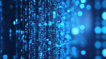 Digital abstract background featuring blue binary code and glowing dots, creating futuristic and tech inspired atmosphere. vibrant hues evoke sense of innovation and data flow