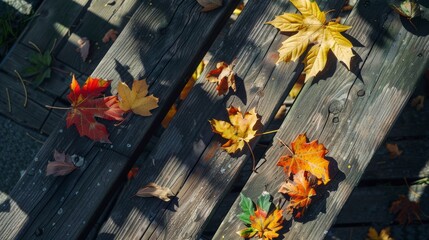 Poster - Glorious autumn leaves in vibrant red, orange, and yellow hues lying on an old wooden bench soaking in the warm sunlight.