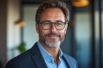 Smiling confident mature businessman looking at camera standing in office. Elegant stylish corporate leader successful ceo executive manager wearing glasses posing for headshot business, Generative AI