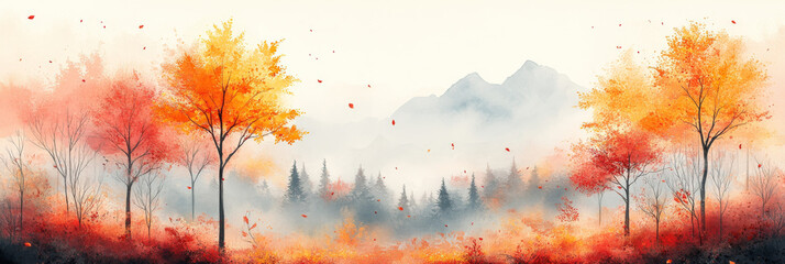 Wall Mural - Autumn leaves fall in a misty forest.