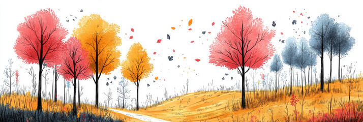 Wall Mural - Autumn leaves fall around colorful trees in a whimsical forest.