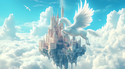 Wall Mural - majestic winged unicorn in ethereal celestial castle floating amidst serene skies and clouds. hippog