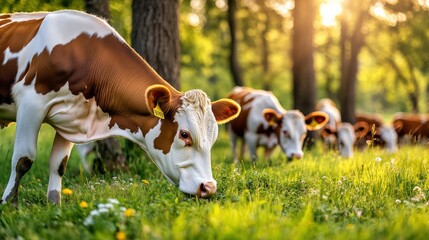 A cow is grazing in a field with other cows