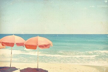 Vintage beach scene with two pink umbrellas on sandy shore, overlooking calm turquoise sea under clear blue sky. Perfect summer getaway.